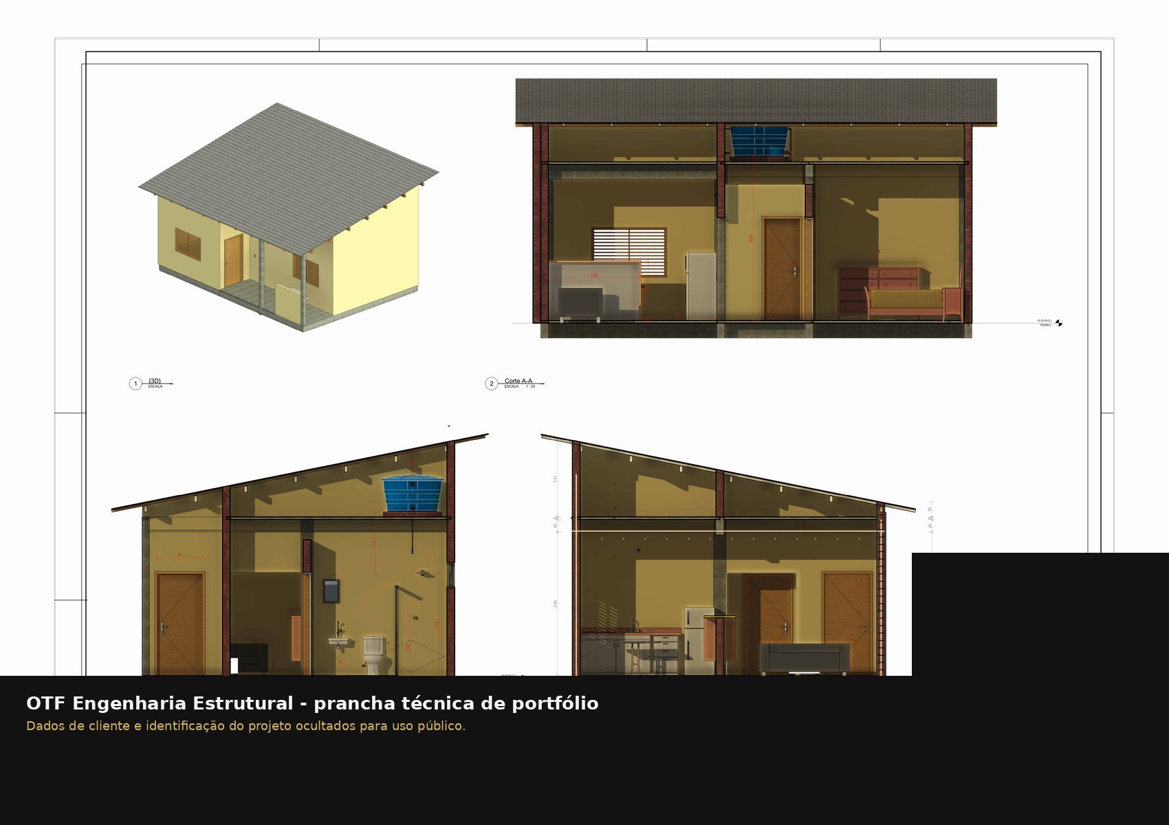 Cortes e 3D da edícula residencial